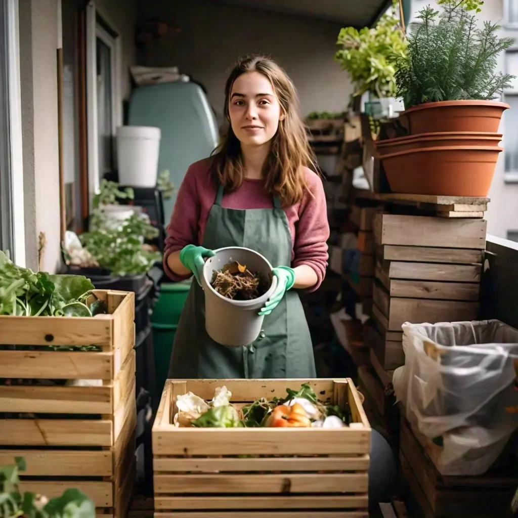 Lady composting household food waste at home