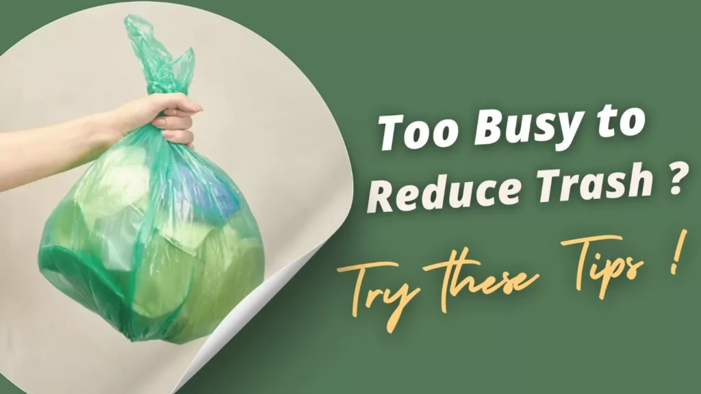 Hand Holding Garbage Bag. Text on How to reduce trash at home
