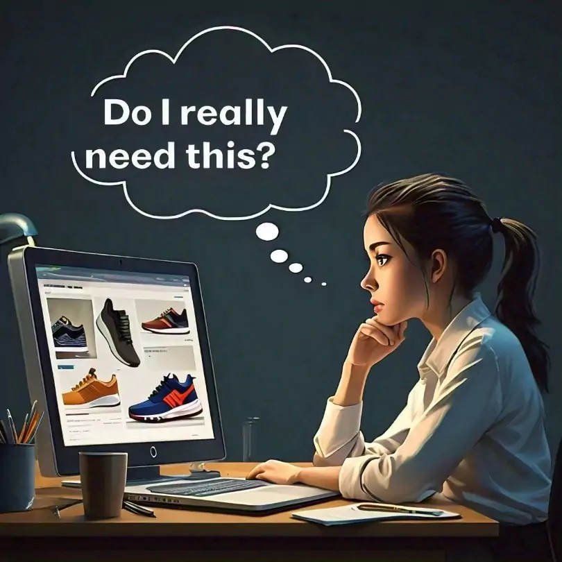 Girl pondering purchase, to minimize consumption.