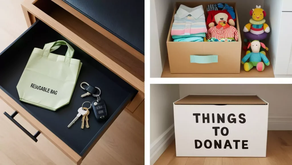 Reusable bag beside car keys & 'things to donate' box as solutions to reduce waste.